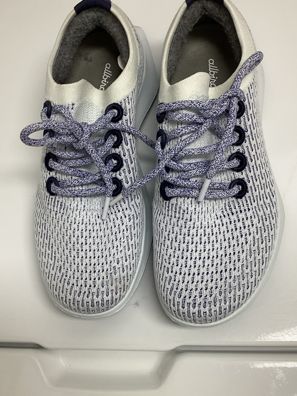 allbirds Womens Knit Sneakers in White and Navy